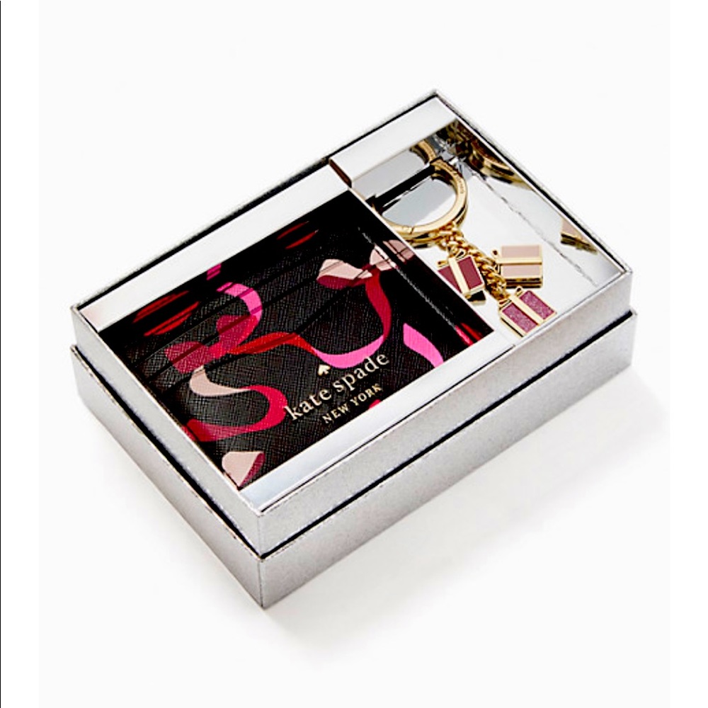 NIB Kate Spade ribbon Staci card holder and key chain bag charm boxed set